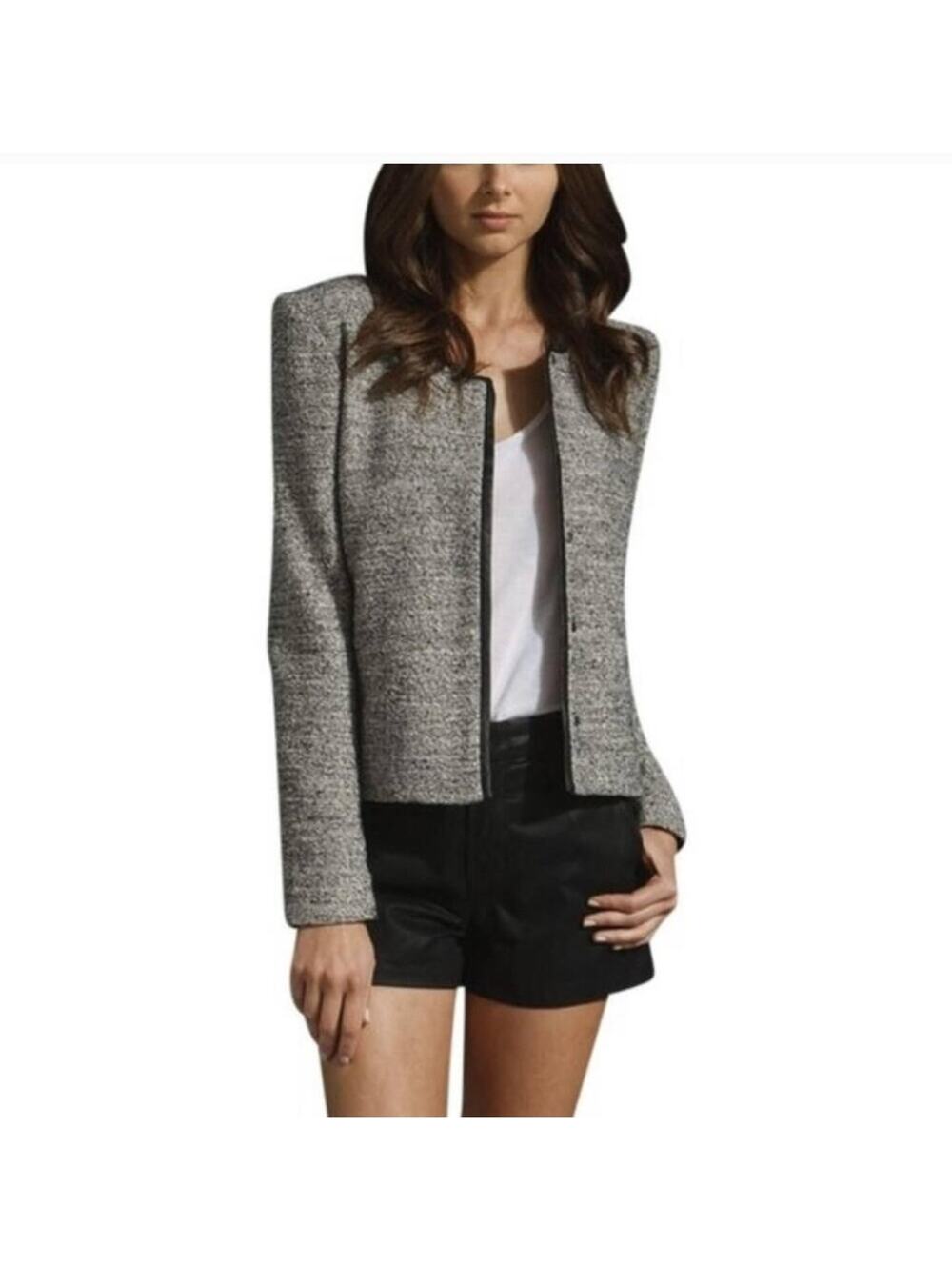 IRO Viviana Jacket Gray Black Boucle Tweed Leather Trim Blazer Collarless Size 1